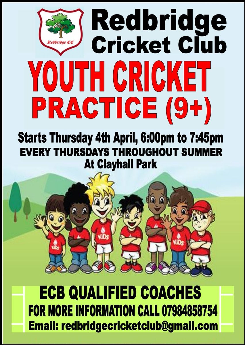 Our evening colts training sessions commence on Thursday 4th April. Training will be twice a week on Thursday evenings and Sunday mornings.
Registration is now open. If you would like your child to join in our colts sessions, please contact us on redbridgecricketclub@gmail.com