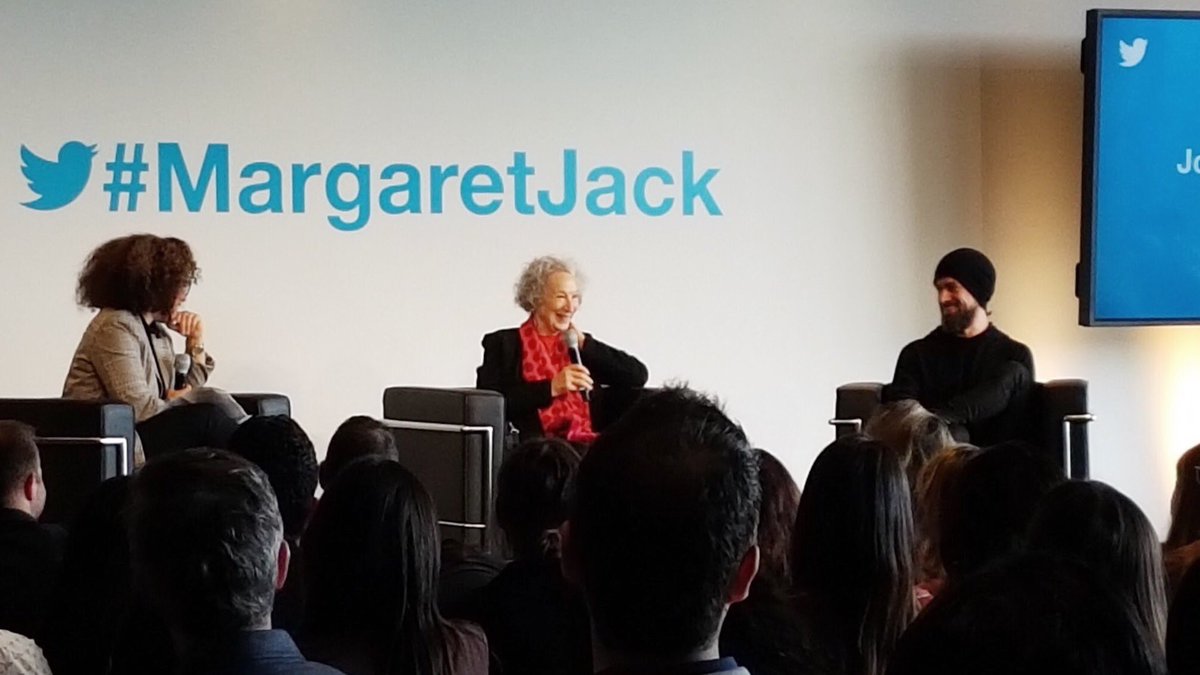 Great conversation today between esteemed Canadian author <a href="/MargaretAtwood/">Margaret E Atwood</a> and <a href="/TwitterCanada/">Twitter Canada</a> CEO <a href="/jack/">jack</a>! A discussion about the growth of the platform and the relationship between social life online and offline moderated by <a href="/namshine/">nam kiwanuka</a> #MargaretJack