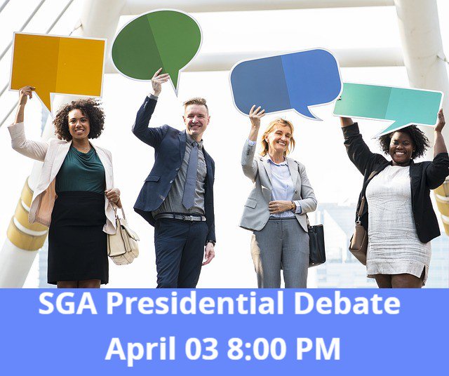 Commuters_USF's tweet photo. SGA Presidential Debate April 03 8:00 PM - 9:00 PM Cougar Den
Hosted by the Student Government Association (SGA)
#usffw #commuters_usffw #usffw_sga https://t.co/xubpuPsIam