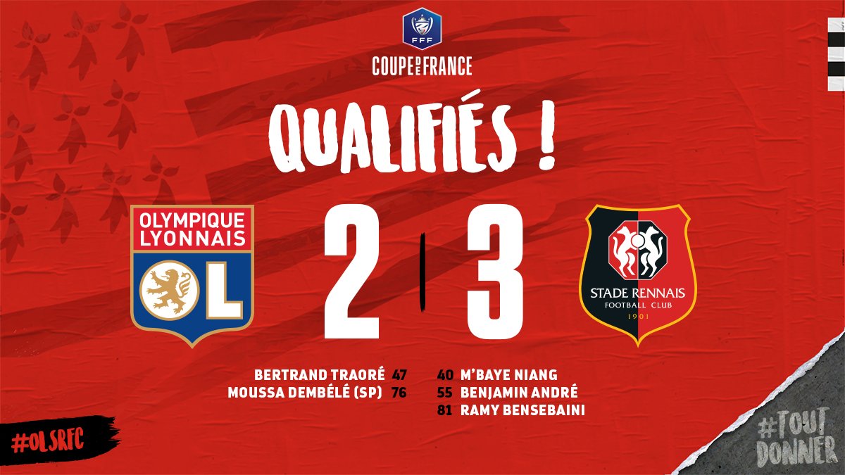 staderennais's tweet image. [@coupedefrance] 🏆
ÉNOOORME prestation des Rouge et Noir qui s’imposent 3-2 à Lyon dans un scenario complètement fou. Le #StadeRennais F.C. va retrouver le Stade de France après les finales de 2009, 2013 et 2014. Impossible n’est pas Rennais ! 
--
#AllezRennes
#ToutDonner 💪🔴⚫