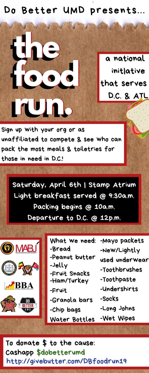DoBetterUMD's tweet photo. This Saturday‼️ Join us as we pack meals &amp; toiletries for the homeless then distribute them in DC🥪🧦 To sign up, click the link in or bio or the link below! https://t.co/KnndvUSvRn