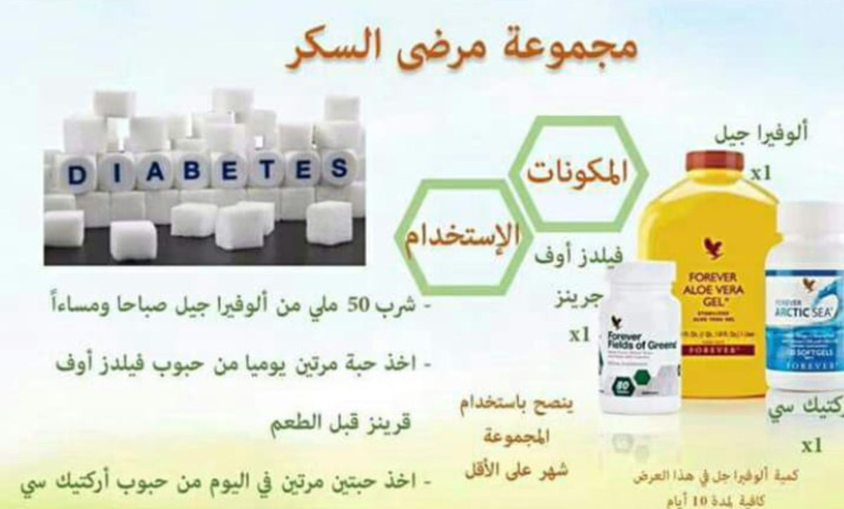 مرض السكر مرض مزمن صعب الشفاء منه ولكن على المريض التكيف معه وتنظيم وجباته والحفاظ على مستوى السكر فى الدم 
مع مجموعة السكر من شركة فوريفر الامريكية ومكوناتها الطبيعية بتقدر تحافظ على مستوى السكر منتظم