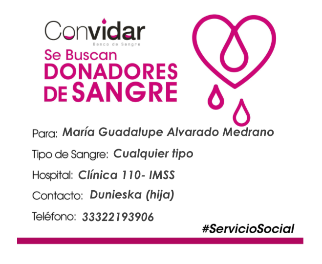 ConvidarBanco's tweet photo. ¡Solicitamos apoyo URGENTE!

Requerimos donadores altruistas de sangre de cualquier tipo para María Guadalupe Alvarado Medrano en la clínica 110 del IMSS, piso 8, cama 846.

¡Compártelo y ayúdanos a ayuDAR! #GDL #ServicioSocial https://t.co/BbHFq38SmO