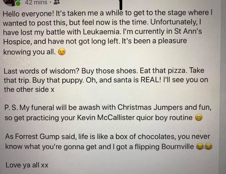 Heartbroken for my dear friend whose daughter is in a Hospice. She’s only 27 but how bloody beautiful is her FB post to let everyone know. Inspirational, funny, brave girl. Life is unfair.