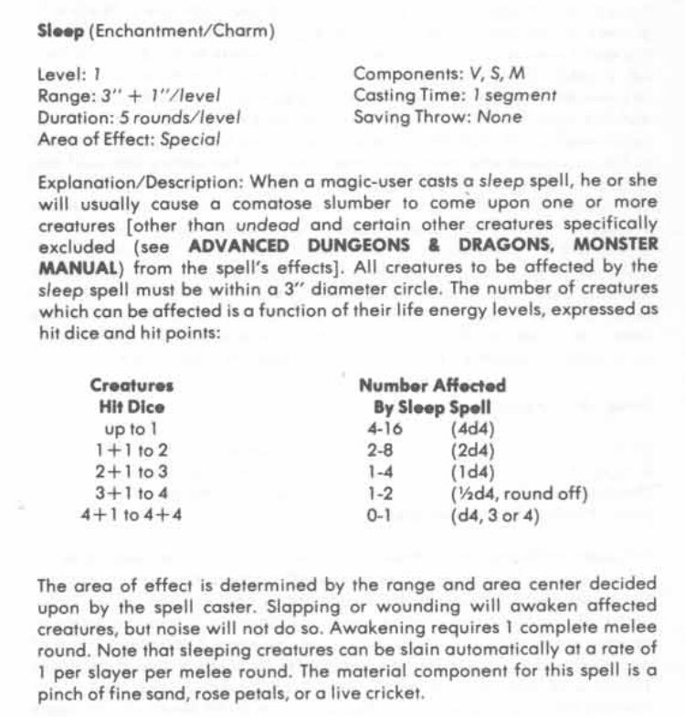 Take “sleep” for example, as a first level spell it is far more powerful than most first level spells, or stinking cloud, a second level spell which can immobilize opponents without a save.