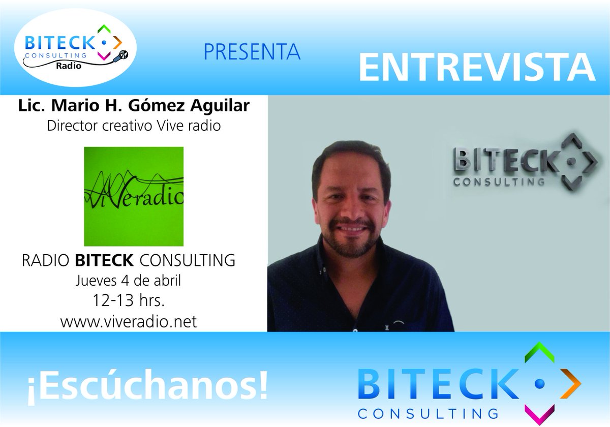 BiteckMx's tweet photo. Amigos, los invito a que nos escuchen este jueves 4 de Abril en nuestro programa iniciando con Mario Gómez Director Creativo de Vive Radio, gran programa que tendremos, no te lo pierdas por https://t.co/dEVbiLu2Lz o https://t.co/crQJt6CN96 /biteck consulting a las 12 horas. https://t.co/36vux8f81V