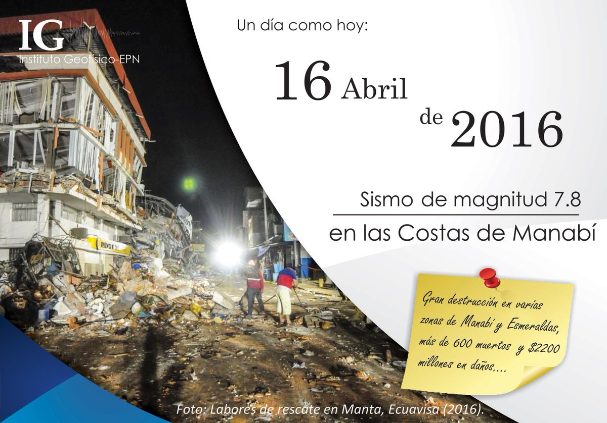 IGecuador's tweet photo. #UnDíaComoHoy 16/04/2016 Sismo de magnitud 7.8 en las costas de Manabí. https://t.co/VLgl8Fpn6q