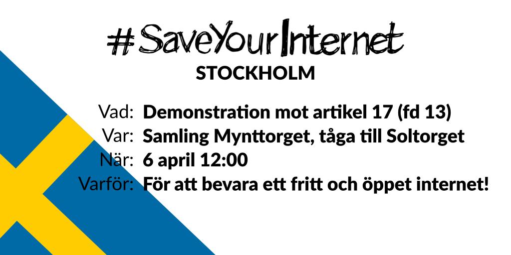 SYI_Sweden's tweet photo. På lördag så kommer vi stå redo på Mynttorget kl 12 för att återigen  göra vår röst hörd! EU-nämnden kan fortfarande säga till vår  representant i EUs ministerråd att upphovsrättsreformen behöver göras  om.

Kom med oss! Dra med en kompis eller 10! #SaveYourInternet! RT = ❤️ https://t.co/6ahutm98QV