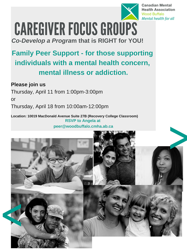 CMHAWB's tweet photo. CMHA Wood Buffalo would like to invite you to help us create a Caregiver program that would be suitable for our community. Please feel free to share with community members you feel this would be helpful for! 

See poster for details. #YMM #FortMcmurray #Mentalhealth https://t.co/Mxr4HTWbe1