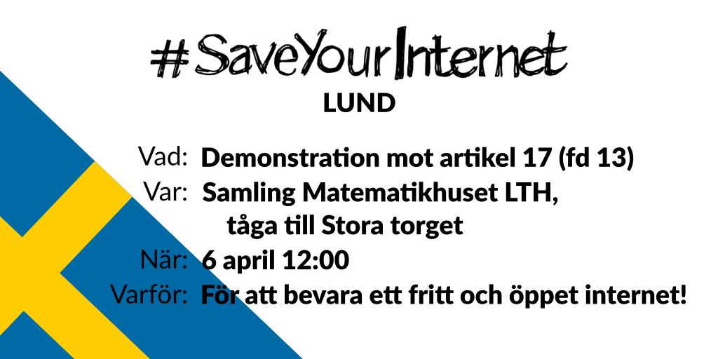 SYI_Sweden's tweet photo. På lördag så kommer vi stå redo utanför Matematikhuset kl 12 för att återigen  göra vår röst hörd! EU-nämnden kan fortfarande säga till vår  representant i EUs ministerråd att upphovsrättsreformen behöver göras  om.

Kom med oss! Dra med dina kompisar! #SaveYourInternet! RT = ❤️ https://t.co/keEUdA0rII