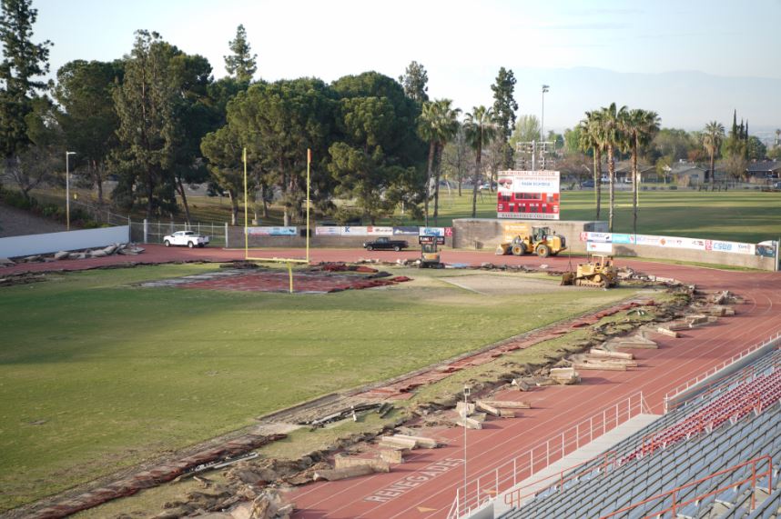 ABetterBC2016's tweet photo. On Monday we broke ground on Phase 1 of the Memorial Stadium project, which will replace and renovate the stadium's field and turf. We can't wait to share the finished product with our community! #WeAreBC #ABetterBC #BakersfieldCollege #KCCDMeasureJ https://t.co/nsXWNdvQu4
