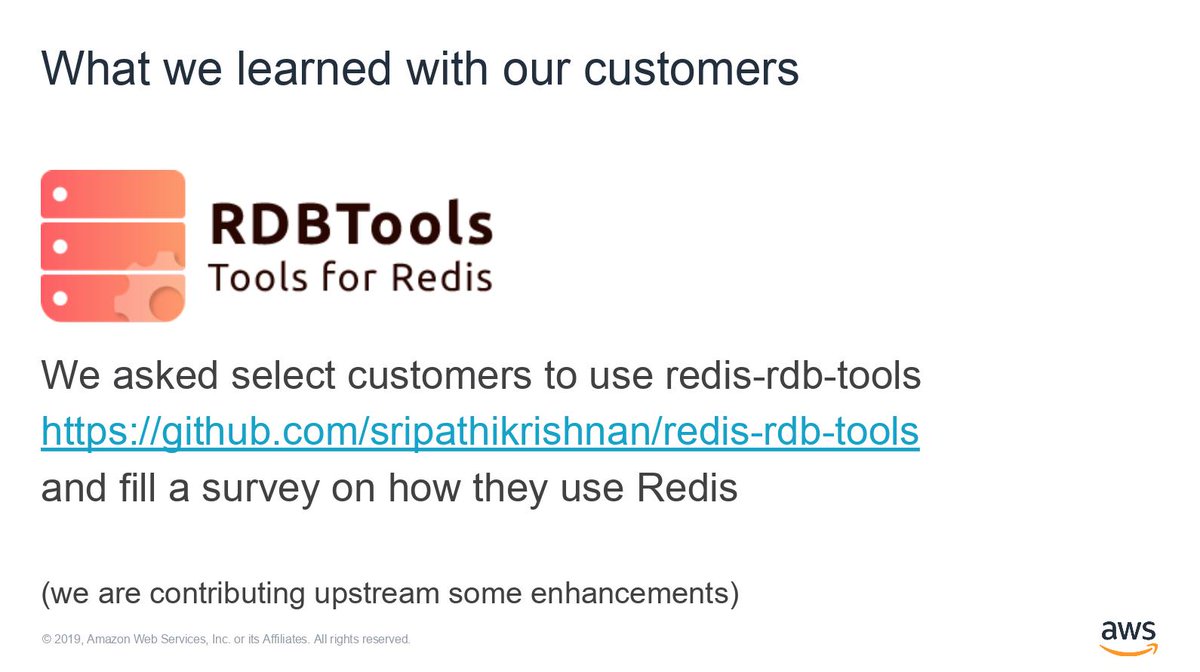 Redisinc's tweet photo. Based on what @awscloud learned from their customers, they highly recommend using #RDBTools. #Redis #redisconf https://t.co/5KveQlUw67