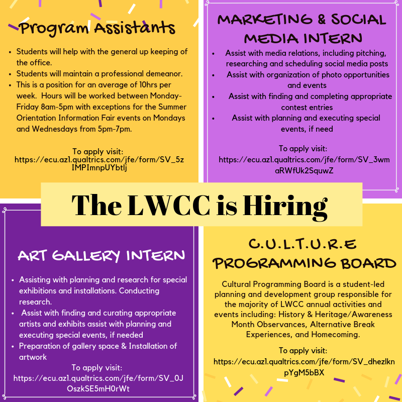 The LWCC is hiring for both the fall and summer! Priority Application deadline is April 12th
