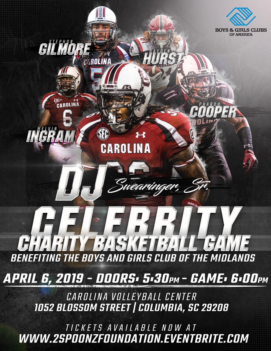 THIS SATURDAY!!! Spring Game Noon- Celebrity Basketball 6 pm at Carolina Volleyball Center! 6:15 ⁦<a href="/JungleBoi_Swagg/">DJ Swearinger</a>⁩ vs. ⁦<a href="/Coach_TRob/">Travaris Robinson</a>⁩ in Dunk Contest!!#SpursUp!