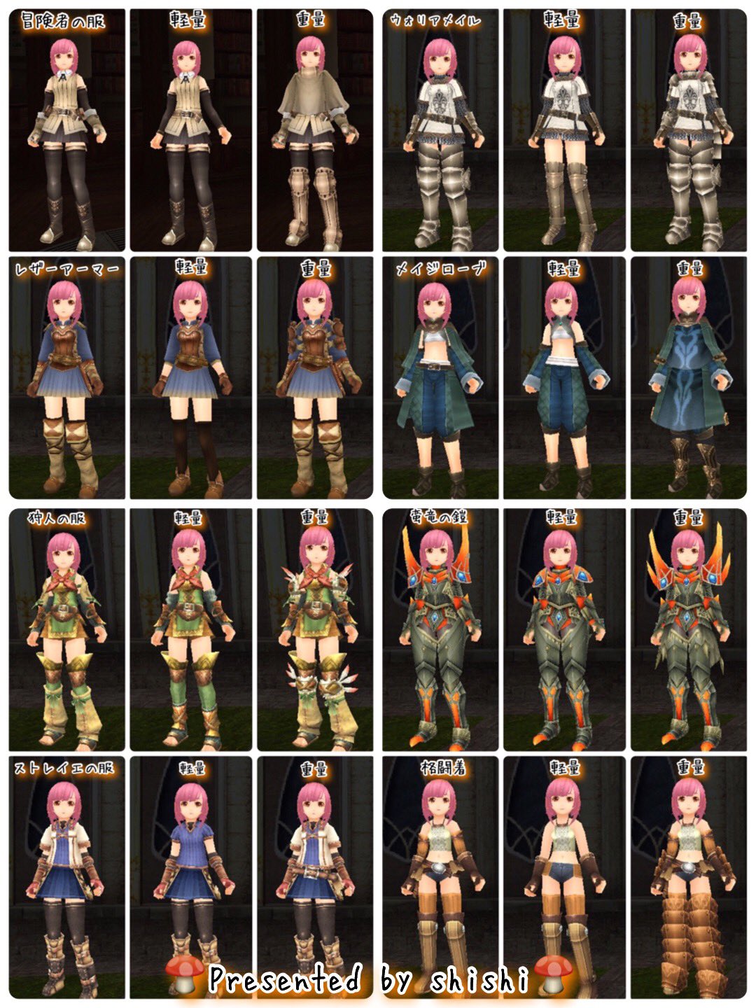 しし屋 カタログ担当 冒険者の服 レザーアーマー ウォリアメイル メイジローブ 狩人の服 ストレイエの服 蛮竜の鎧 格闘着 プレートアーマー 緑竜の衣 水纏の衣 オルグアーマー スケイルアーマー オラクルローブ キリングコート ナイト