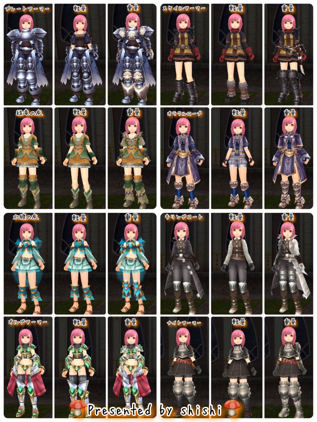 しし屋 カタログ担当 冒険者の服 レザーアーマー ウォリアメイル メイジローブ 狩人の服 ストレイエの服 蛮竜の鎧 格闘着 プレートアーマー 緑竜の衣 水纏の衣 オルグアーマー スケイルアーマー オラクルローブ キリングコート ナイト