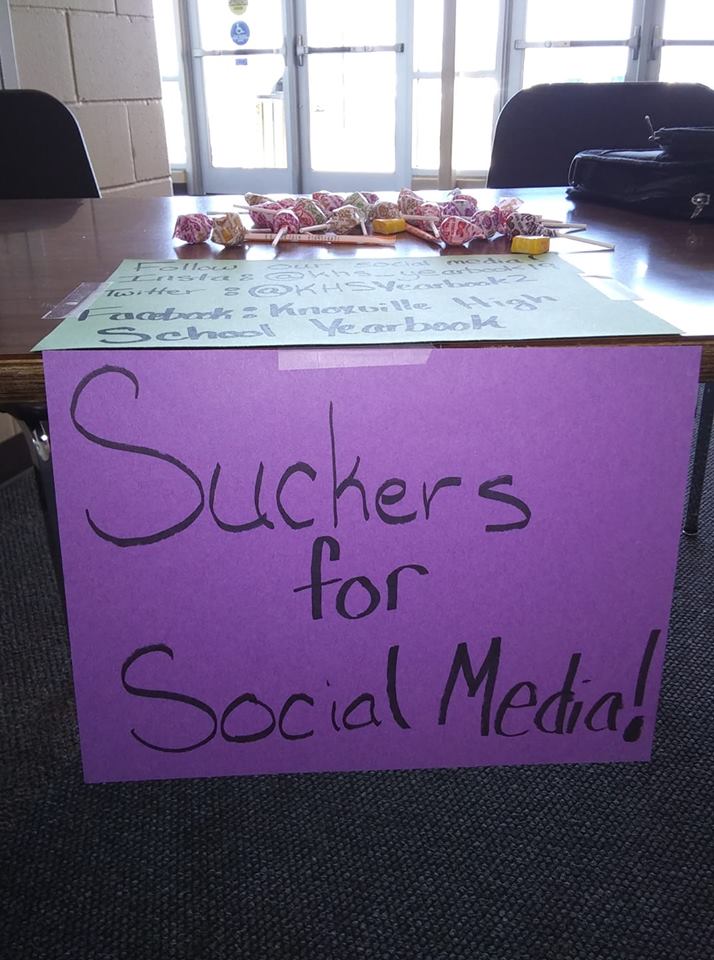 KHSYEARBOOK2's tweet photo. Day 2 of yearbook week: Suckers for Social Media! Make sure you're following our Instagram (@khs_yearbook19) and Facebook (Knoxville High School Yearbook) Be on the lookout for more fun surprises, KHS! https://t.co/kWgmeZMtCY