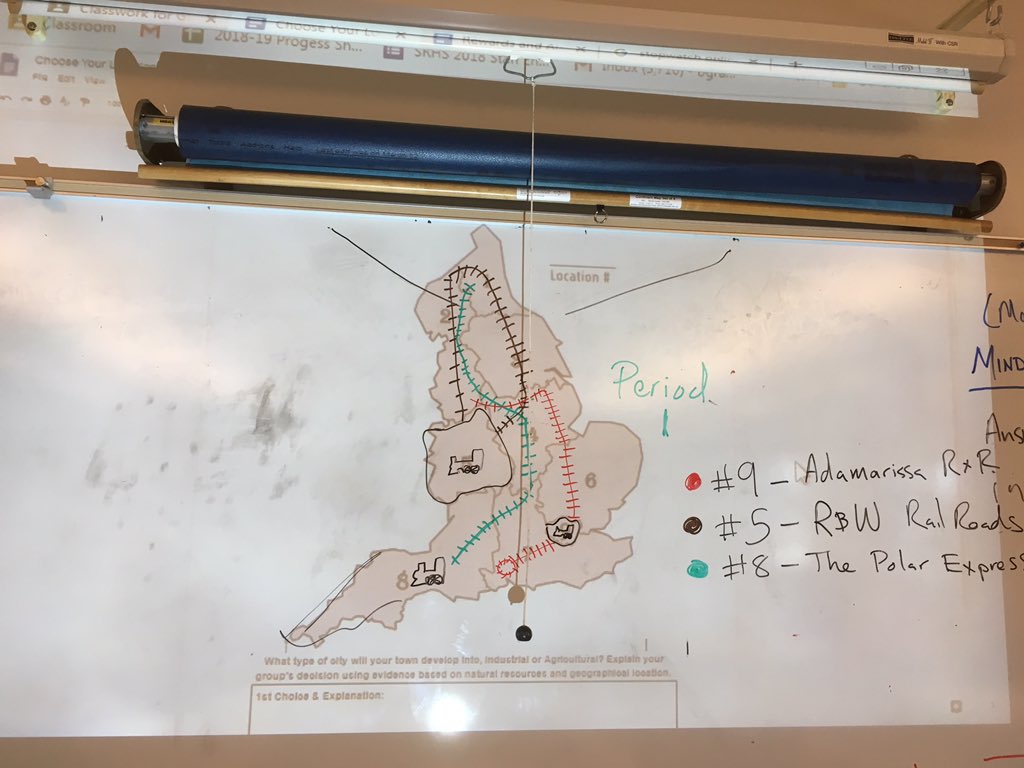 Mrgray17's tweet photo. As developing trade routes using the new inventions of railroads in our simulation. Rail road tycoons planned and competed against each other and even on class had a train monopoly develop. #livinghistory #compencyed https://t.co/buxuS9Vyi3
