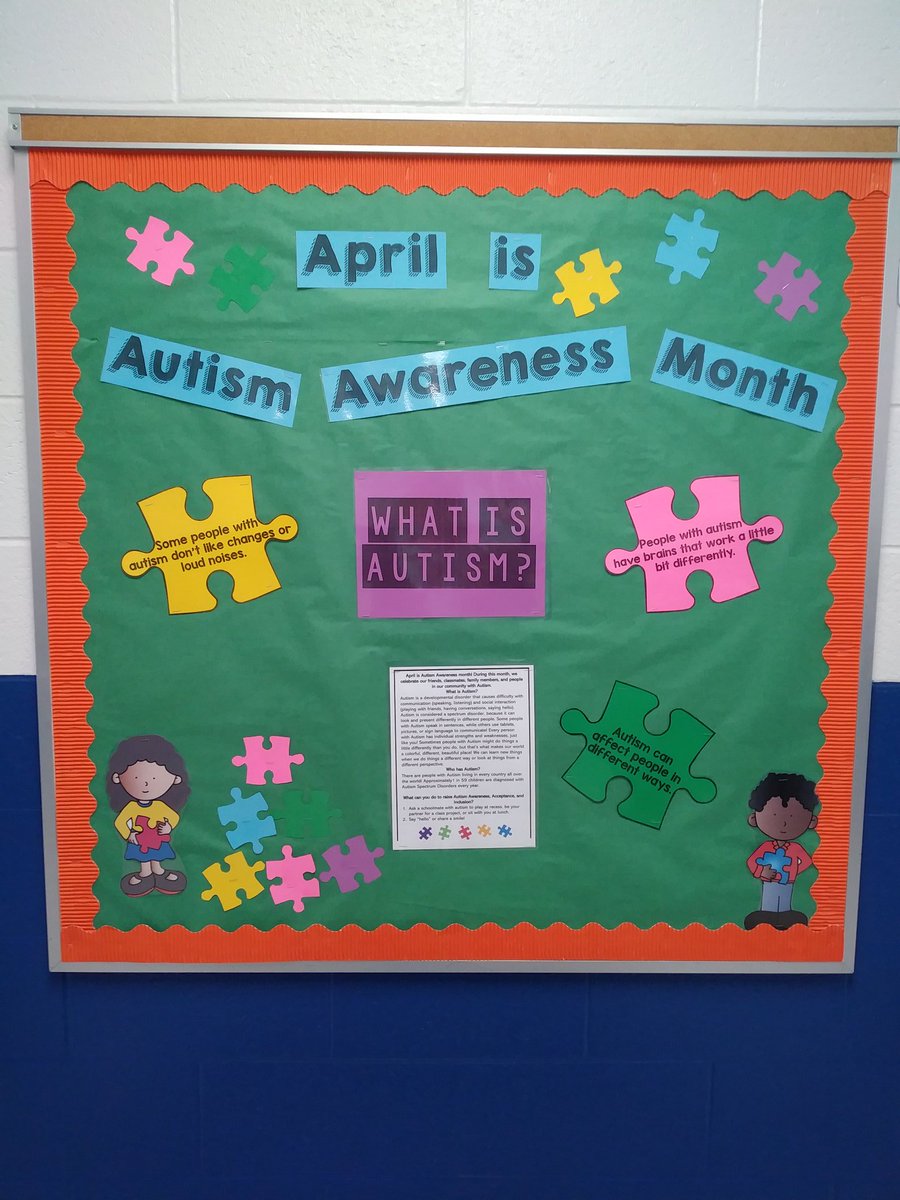 tmatteson84's tweet photo. I'm so excited for my ss to see our #AutismAwarenessMonth display tomorrow. One ss in particular is so excited about "his" month. He was thrilled to see everyone #LightItUpBlue today as he rocked his 'wired differently' shirt for #autismawarenessday 
#ExceptionalShine #scpsva https://t.co/u7O16IrKAi