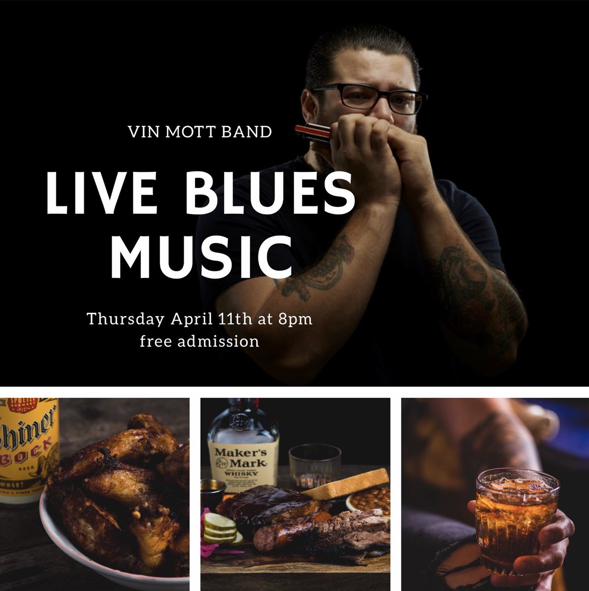 Join Us for LIVE BLUES MUSIC  @vinmottblues Thursday April 11th at 8PM #bluesmusic #jerseycity #livemusic #bbq #whiskey #wings #free
