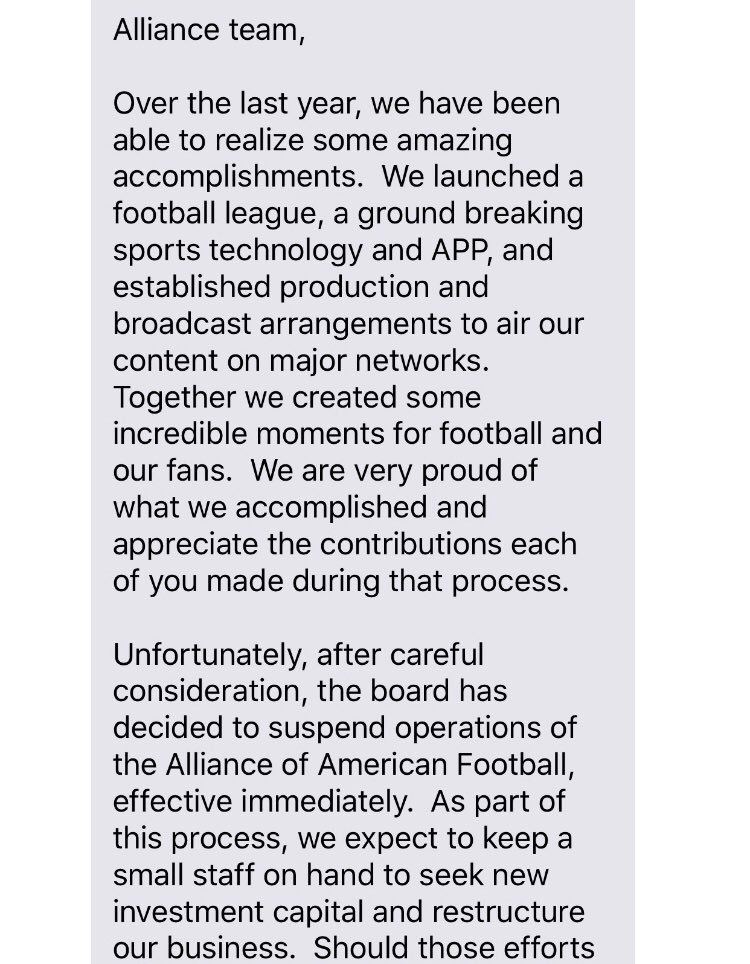 JakeHatch's tweet photo. Here’s the text of the email sent out to those working for @TheAAF today. Small team is staying on but vast majority of employees are out of a job after tomorrow. Unfortunate situation all the way around. #FullSteedAhead #JoinTheAlliance https://t.co/Z3a9hHbkLe