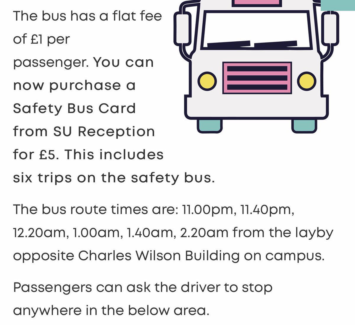 The University of Leicester now has a night bus which students can use when going home late at night. Journeys start at £1. Rt as this could save someone. @LeicesterUnion