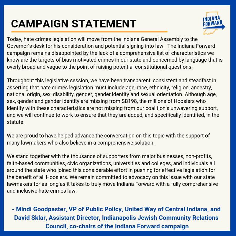 IndianaForward's tweet image. STATEMENT ON BIAS CRIMES BILL CONCURRENCE: We are proud to have helped advance the conversation on this topic with the support of many lawmakers who also believe in a comprehensive solution. #INLegis #IndianaForward