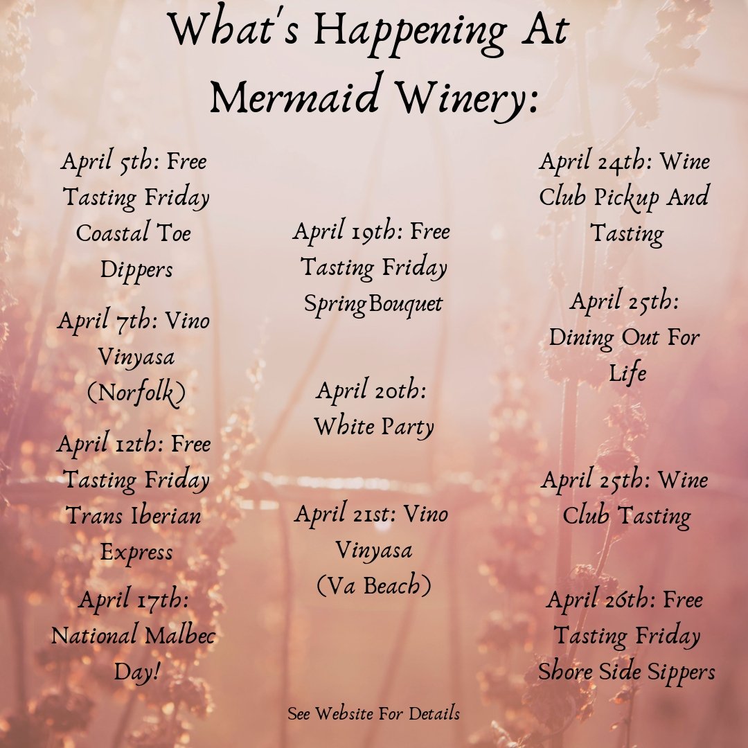 mermaidwine's tweet photo. So much happening this month at Mermaid Winery! Check out all the events! See website for details. https://t.co/YImjzEnfuu
#busybusybusy #keepupwithus #wine #mermaid #geteverythingdone #betterbethere #norfolk #vabeach #drinkup #mermaidwinery #local #giveback #charity https://t.co/Khjt3N86MB