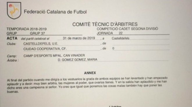 Acta de un partido de cadetes.