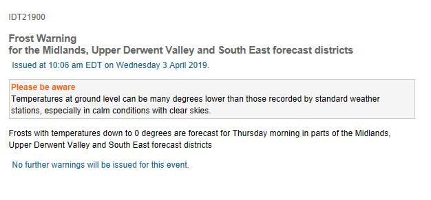BOM_Tas's tweet photo. Attention #Tasmaina!
A Frost Warning has been issued for the Midlands, Upper Derwent Valley and South East Forecast Districts.
Find all the details at: https://t.co/JmyjxV8ELA
#weather #forecast #hobart https://t.co/q7fckWpnap