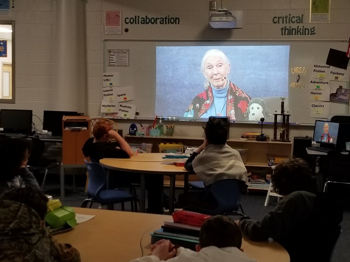 Lit_Cats's tweet photo. Today we learned "how every individual's actions can make a big impact" and took a selfie with Dr. Jane Goodall during her live Skype broadcast! Thanks to Ms. Aprille for setting it up for us! #dogpackrules #rmsdogpack #barrowbold #JaneGoodall https://t.co/YwyzsJ4u0g