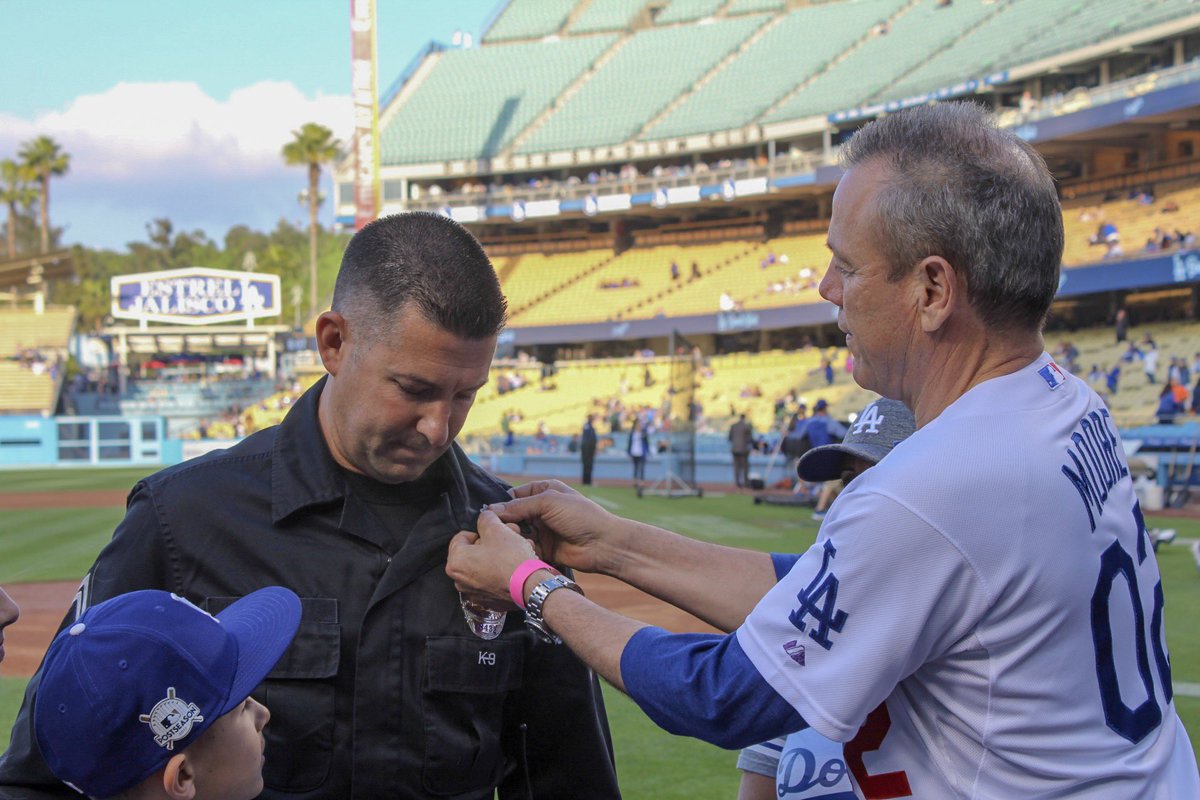 LAPDChiefMoore's tweet photo. Thank you to the @Dodgers Organization for taking time to recognize the heart, dedication, &amp; pride the men and women of the LAPD—&amp; law enforcement as a profession—exhibit while wearing a badge. Now to the task at hand...the boys in blue getting LA a win one grand-slam at a time. https://t.co/eOqkZ5aYLL