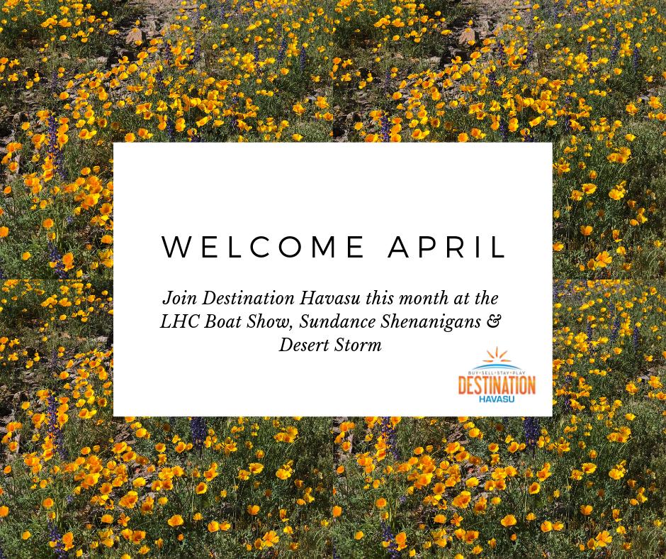 VisitLakeHavasu's tweet photo. Hello April! Wow! We are BUSY! Summer is coming!!! #lakehavasu #destinationhavasu #lakehavasurealestate #lhcboatshow #sundancesalon #riverwhips #desertstorm #vacationrentals #booklakehavasu.com https://t.co/Yr7F7rOjjj