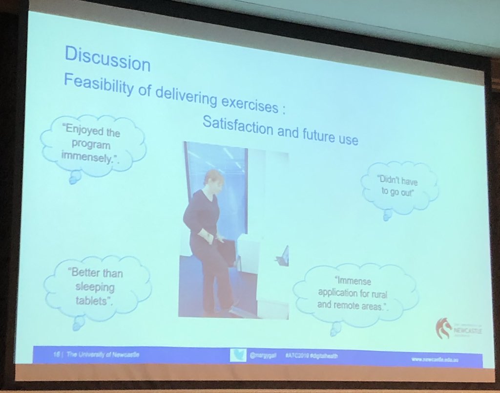 Coralie_English's tweet photo. .@margygall: #telehealth #exercise program after #stroke safe, feasible, >90% adherence, high satisfaction. Stay tuned for our plans to build on this work and roll out to national trial w @merry_burke @emilyrramage &amp; many others #atc19 https://t.co/f46Bjpwg9k