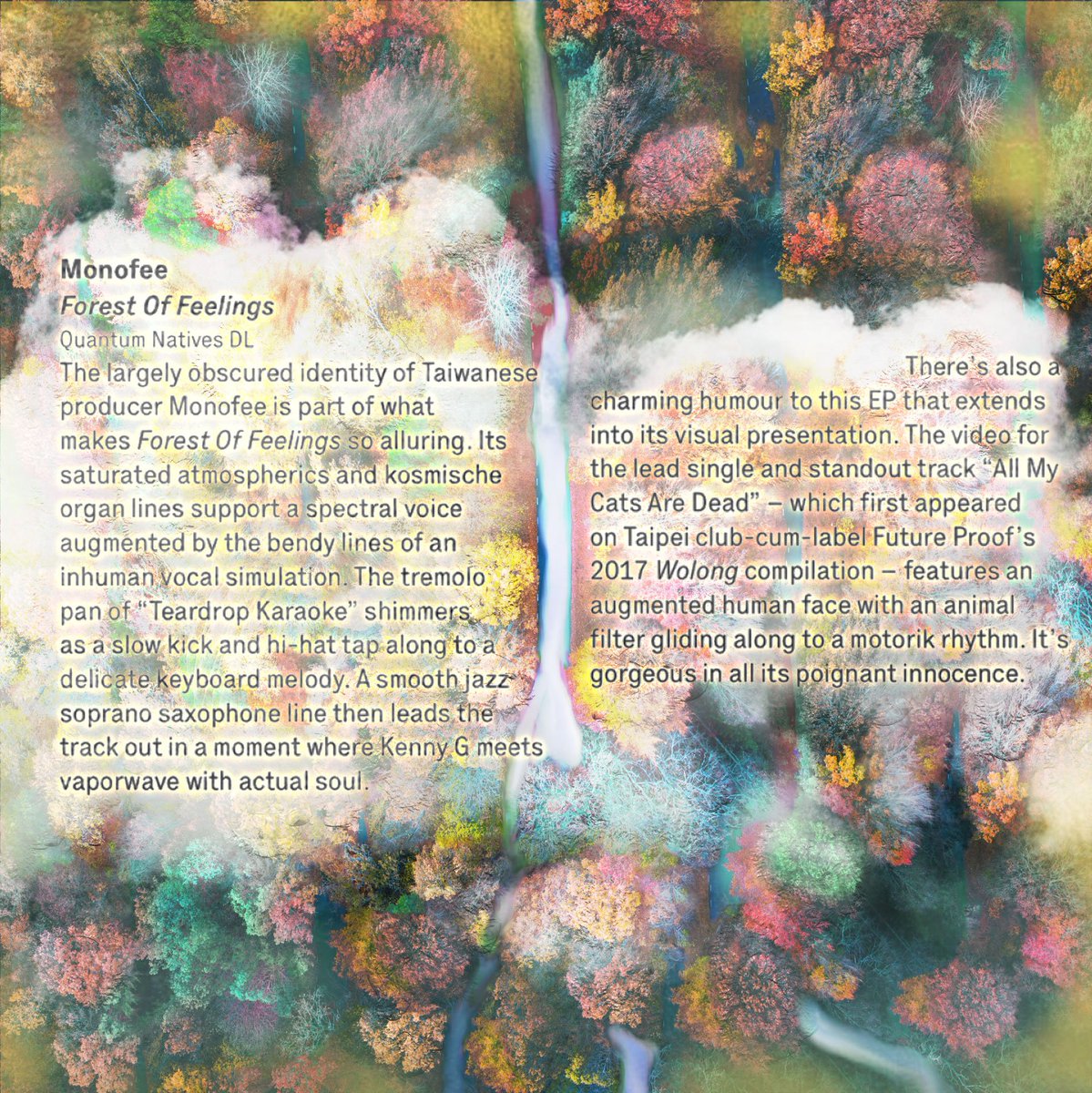 Quantum Natives (@quantum_natives) on Twitter photo "gorgeous in all its poignant innocence"
~ review of Monofee's "Forest of Feelings" in the recent issue of <a href="/thewiremagazine/">The Wire Magazine</a> by Steph Kretowicz #QNR023 🌳🎷🌅
D/L here: mediafire.com/file/35x91cs5o… "gorgeous in all its poignant innocence"
~ review of Monofee's "Forest of Feelings" in the recent issue of <a href="/thewiremagazine/">The Wire Magazine</a> by Steph Kretowicz #QNR023 🌳🎷🌅
D/L here: mediafire.com/file/35x91cs5o…