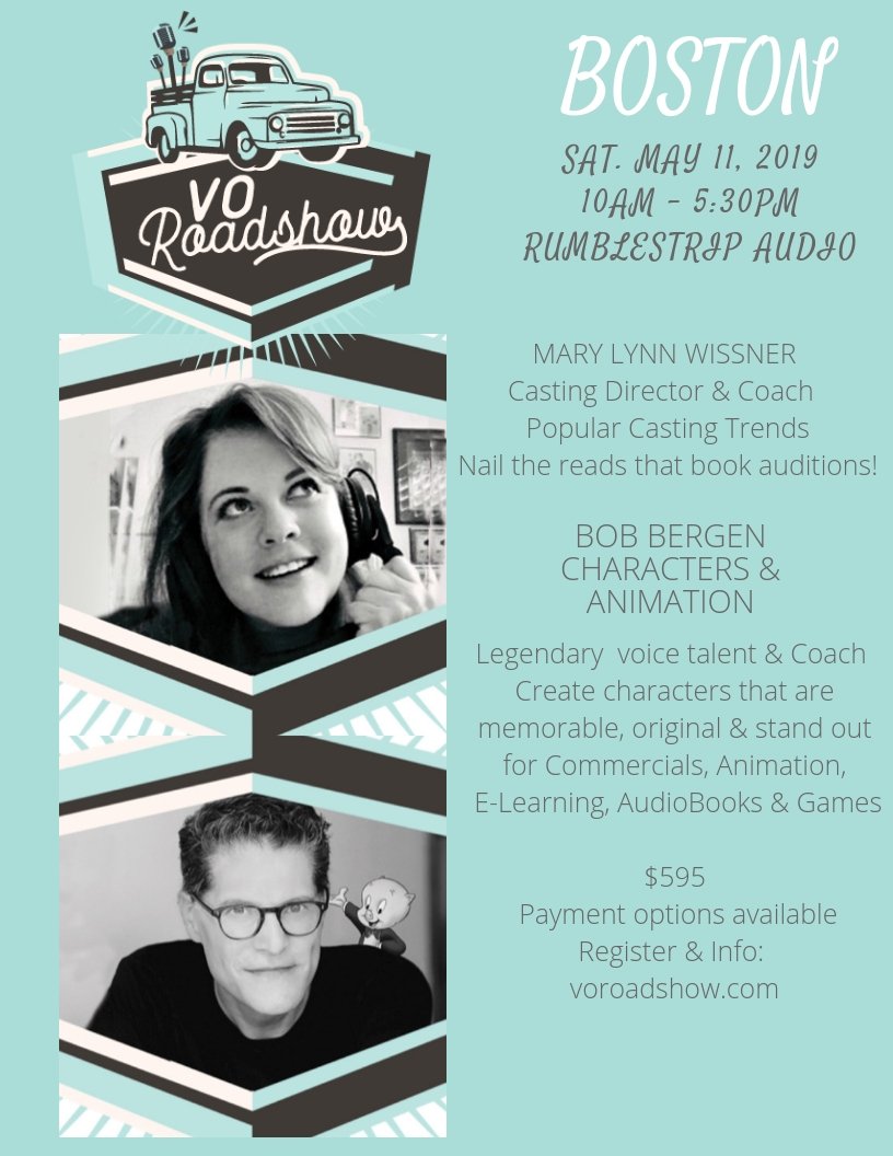OK!! East Coasters!
Just did VO Atlanta and want to keep the VO momentum going. Right?
Work with Bob Bergen &amp; MaryLynn Wissner as the VO Roadshow visits BOSTON!! Sat. May 11. Full day of NON-STOP COACHING! Commercials and Characters.Visit voroadshow.com to register.