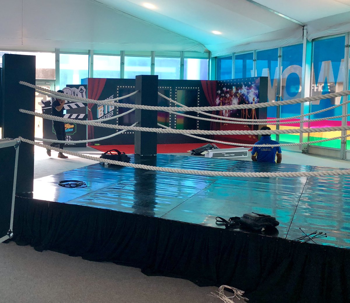 Preparations are on for Mediacorp Festival later today. One of the largest events for Singapore Marketers. Just regular conference stuff like a Muay Thai boxing ring! See you soon! #MediacorpFest