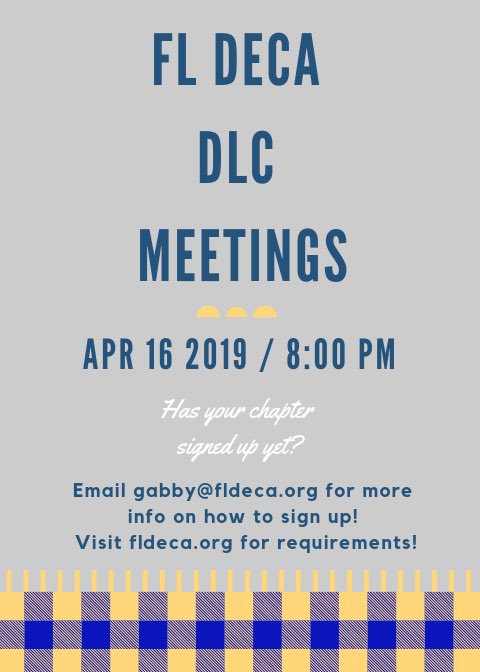 Team 62’s first DLC meeting begins on April 16th! Please email gabby@fldeca.org your chapter name to sign up! Also, make sure to check fldeca.org/florida-deca-l… for system requirements! Hope to see everyone there!