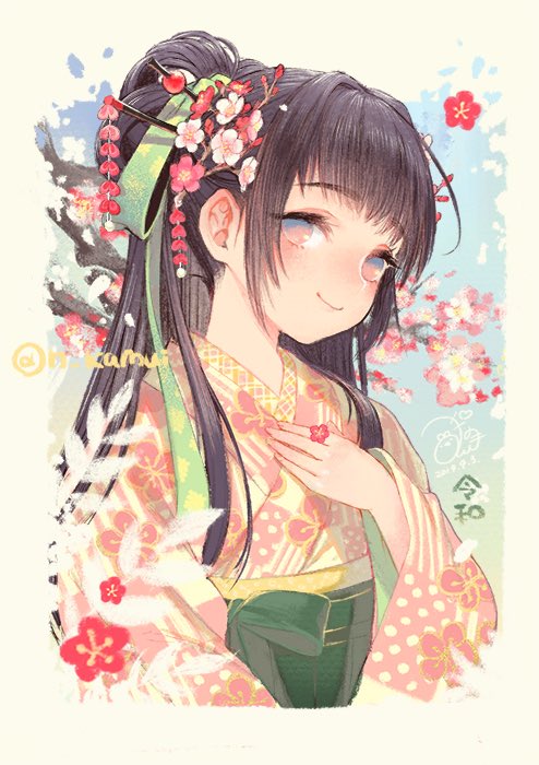1girl solo japanese clothes kimono smile hair ornament black hair  illustration images