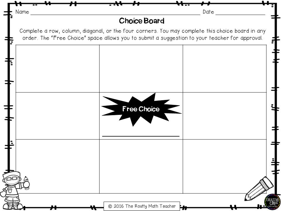 SMallisee's tweet photo. I decided to try something different for an assessment instead of traditional paper and pencil mathematics.  My middle school Ss are so excited about a choice board!  It's giving me new insight into what they're actually learning and how they can apply it. #552peru https://t.co/cPtm9s4eDa