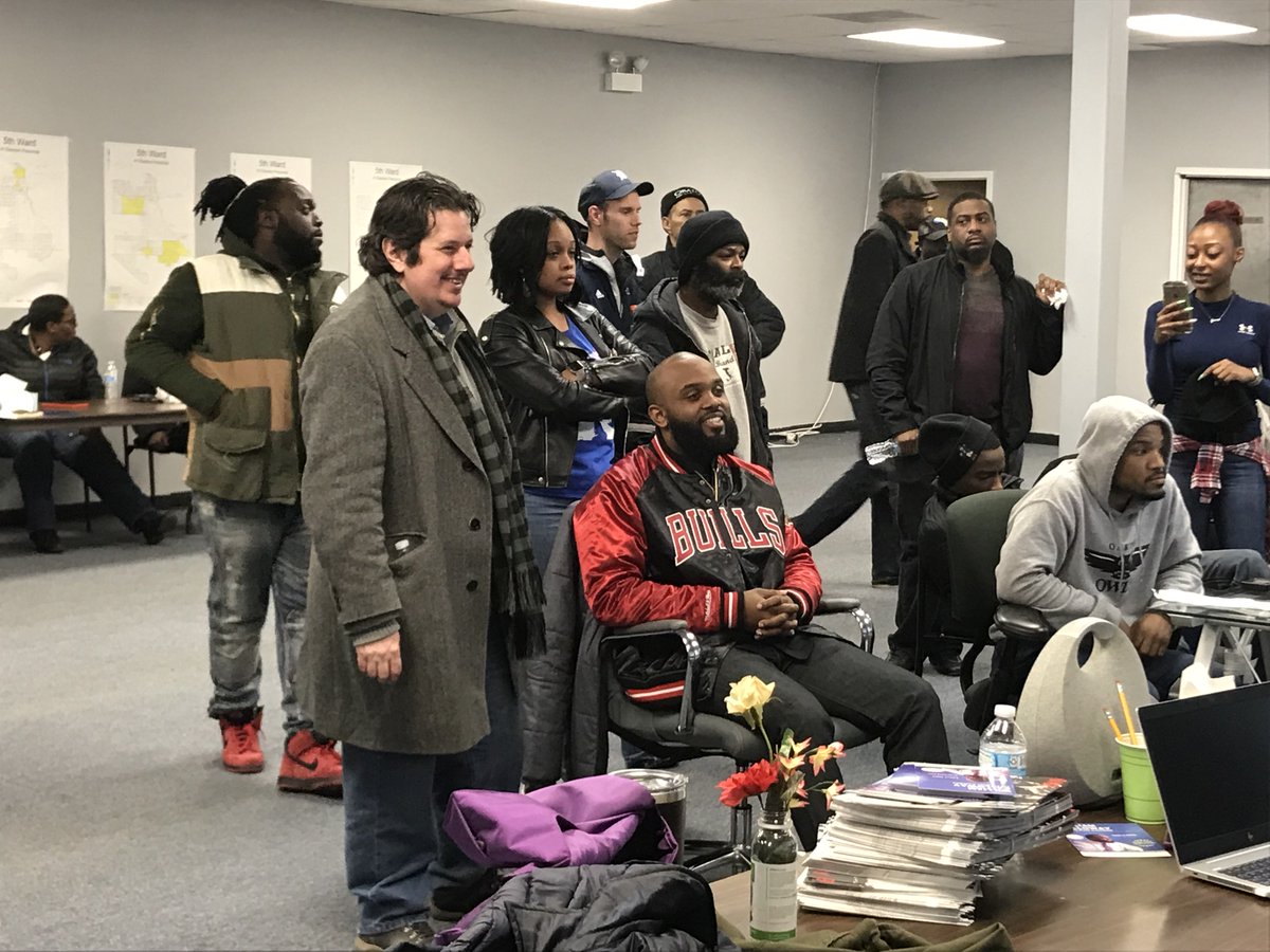 ChicagoMaroon's tweet photo. 5th Ward aldermanic challenger @Callowayfor5 awaits runoff results, flanked by adviser and former opponent @gabrielpiemonte. https://t.co/z6OKP945PD