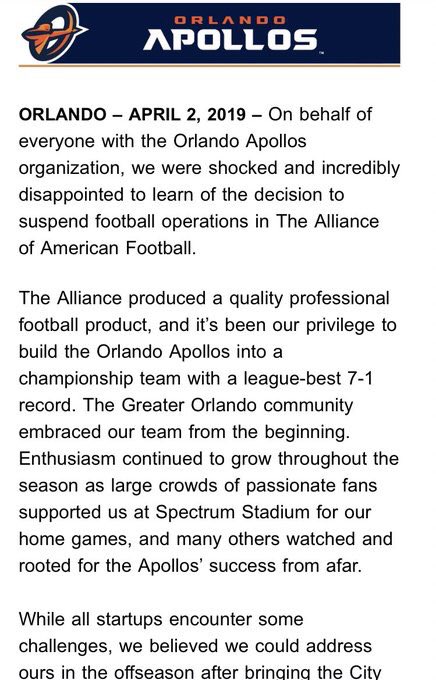 TakeAimApollos's tweet photo. Official Statement from the Apollos: @aafAPOLLOS #Apollos #AAF https://t.co/QdUSv9Ubl7