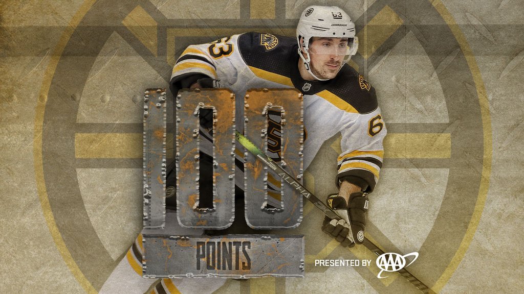 NHLBruins's tweet photo. With his helper on Pasta's goal, @Bmarch63 now has 100 points this season.

He is the first Bruin to accomplish that feat since Joe Thornton in 2002-03.

Congrats, Marchy!!! https://t.co/ar9lR2P0HJ