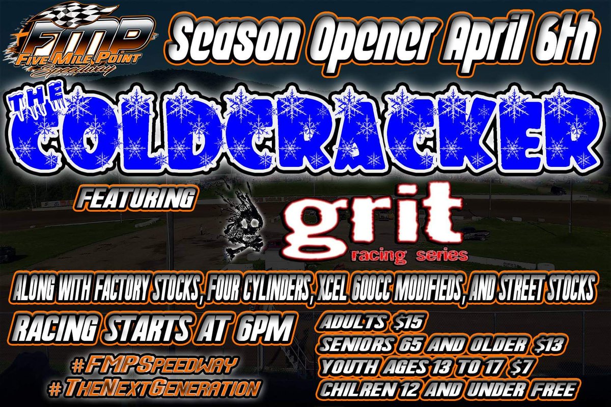 FiveSpeedway's tweet photo. Our Season Opener is this Saturday! Order of events are posted on our Facebook page - Five Mile Point Speedway. We are beyond excited to get the season underway! 🏁
#FMPSpeedway • #TheNextGeneration https://t.co/nhnsD59R8V
