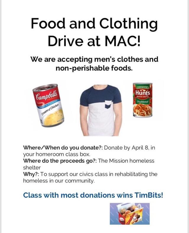 ImmaculataSCA's tweet photo. Hey Mac! Mrs.Leahy’s civics class is running a good and clothing drive at Mac this week until Monday the 8th to raise donations for the Ottawa missions shelter before students go volunteer. Please donate if possible for the chance to win timbits and help a great cause!💛💛 https://t.co/RHupOA63wr
