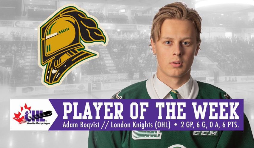 Certified_TonyG's tweet photo. #Blackhawks prospect, Adam Boqvist of @GoLondonKnights, was named #CHL Player of the Week after scoring 6 goals in 2 games.
Overall, Boqvist racked up 7 points (6G, 1A) in 4 games during the 1st round of #OHLPlayoffs 🔥🔥🔥
#TotalStud #BattleReady #OHL #NHL https://t.co/gOtlzQQPAP