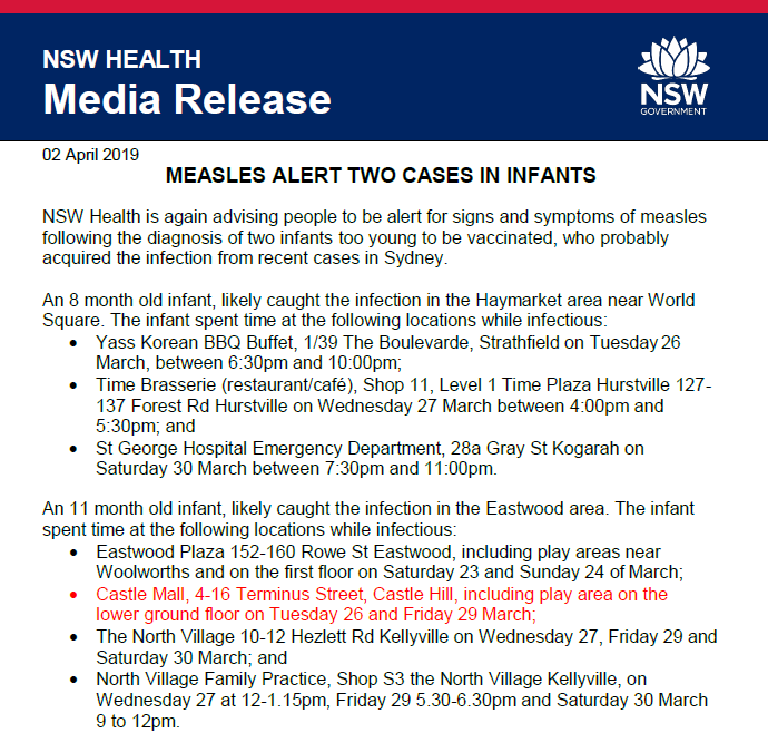 NSWHealth's tweet photo. MEASLES ALERT UPDATE: It was previously reported that the 11 month old infant was at Castle Towers. The infant was present at Castle Mall on Tuesday 26 and Friday 29 March. https://t.co/mrFZyAu04G