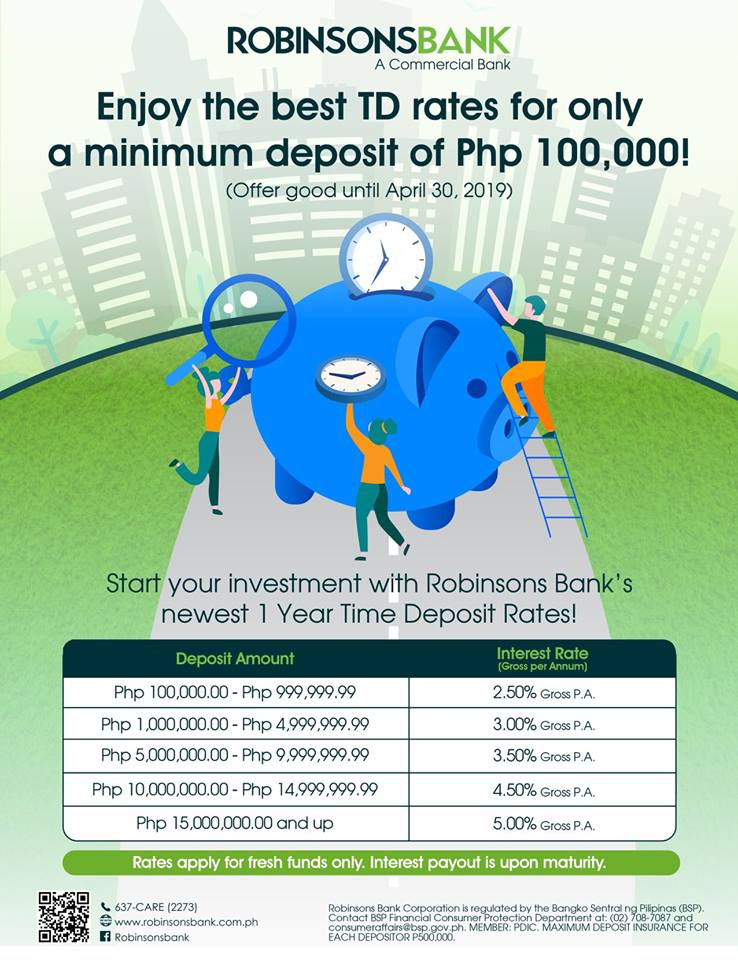 RBankCorp's tweet photo. Enjoy RBank's BEST 1-Year Time Deposit Rates for only a minimum deposit of Php100,000.
Open your Time Deposit Account today!
Offer good until April 30, 2019.
#RobinsonsBank #RBank #TimeDeposit #1YearTD https://t.co/INae0EnaSU