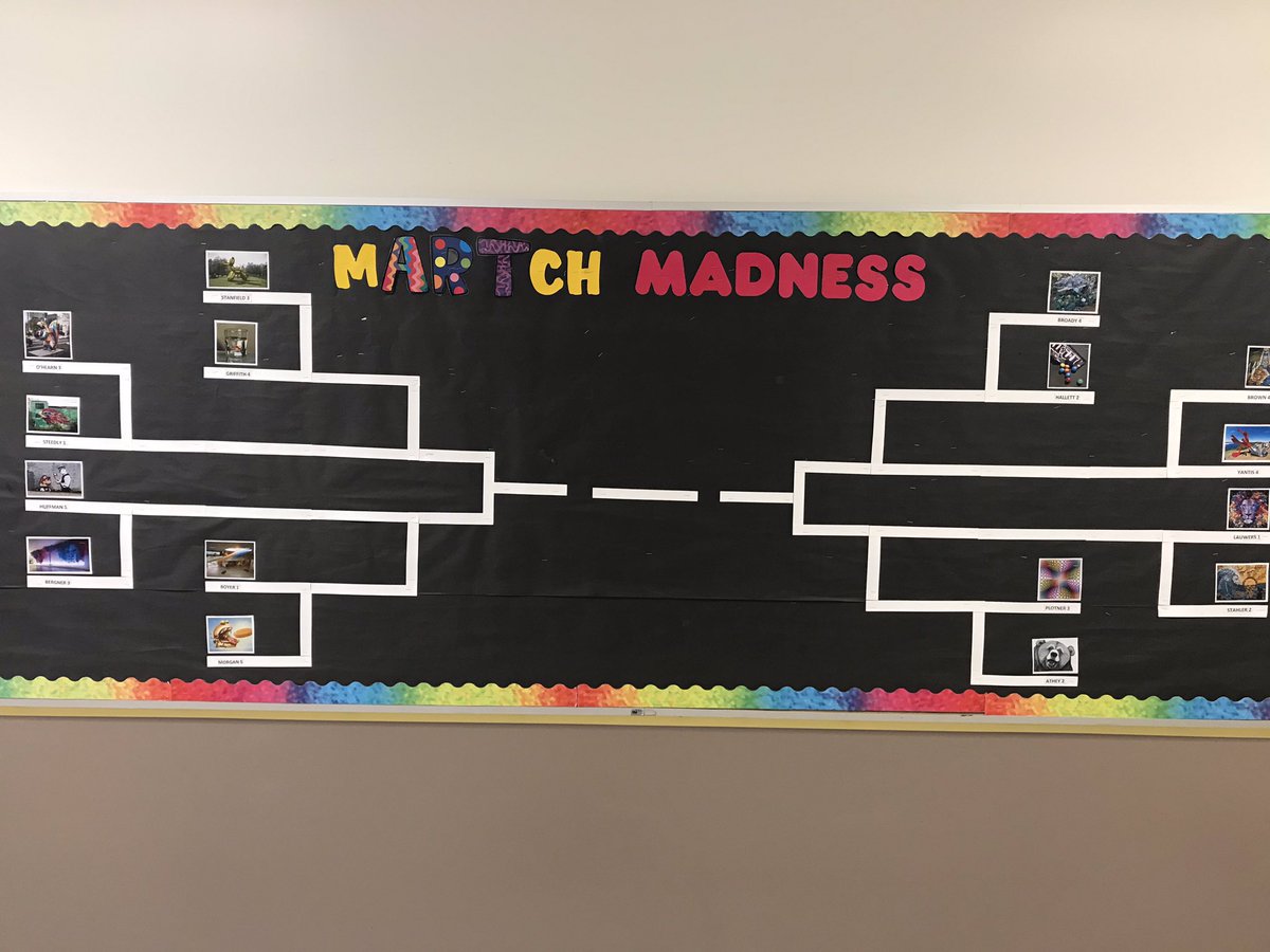 tuscolart301's tweet photo. Once again, North Ward is having our mARTch madness tournament. Each class selected a piece of artwork to enter. We are now down to our elite eight. Another round of voting starts tomorrow. https://t.co/vEKJ3c89AD
