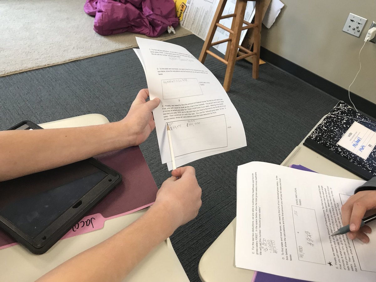 ktcastle87's tweet photo. Ss received their jobs and gross salaries and now are learning and calculating with the 2019 tax bracket —great teamwork and critical thinking 👍🏻#authenticproblemsolving #authentictexts #MTBoS https://t.co/eVJdMsM23H